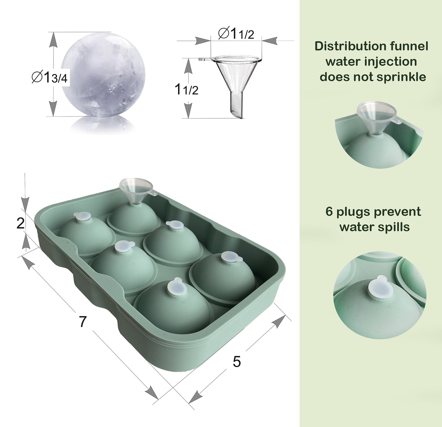 Round Silicone Ice Cube Trays Set of 2 , Flexible 6 Ice Balls 1.75" Maker with Lids & Funnels, BPA Free Round Silicone Ice Cube Molds, Easy Release Silicone Ice Cube Tray for Whiskey, Cocktail, Coffee
