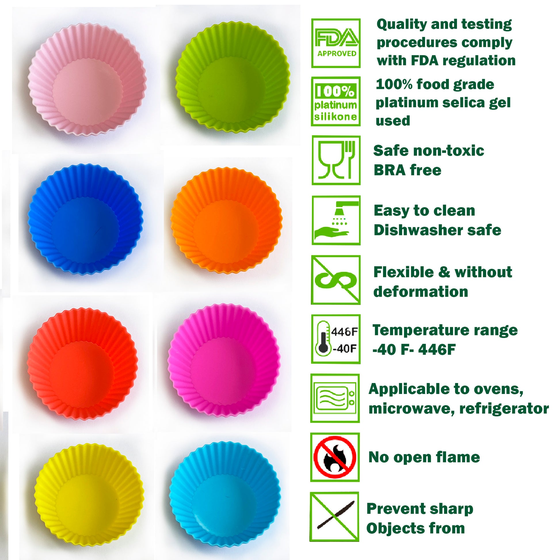 Silicone Baking Cups Set of 16 Standard Size 8 Rainbow Colors Non